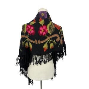 Hallet San Francisco Scarf Wrap 100% Alpaca Wool Handmade Floral Fringe Peru
